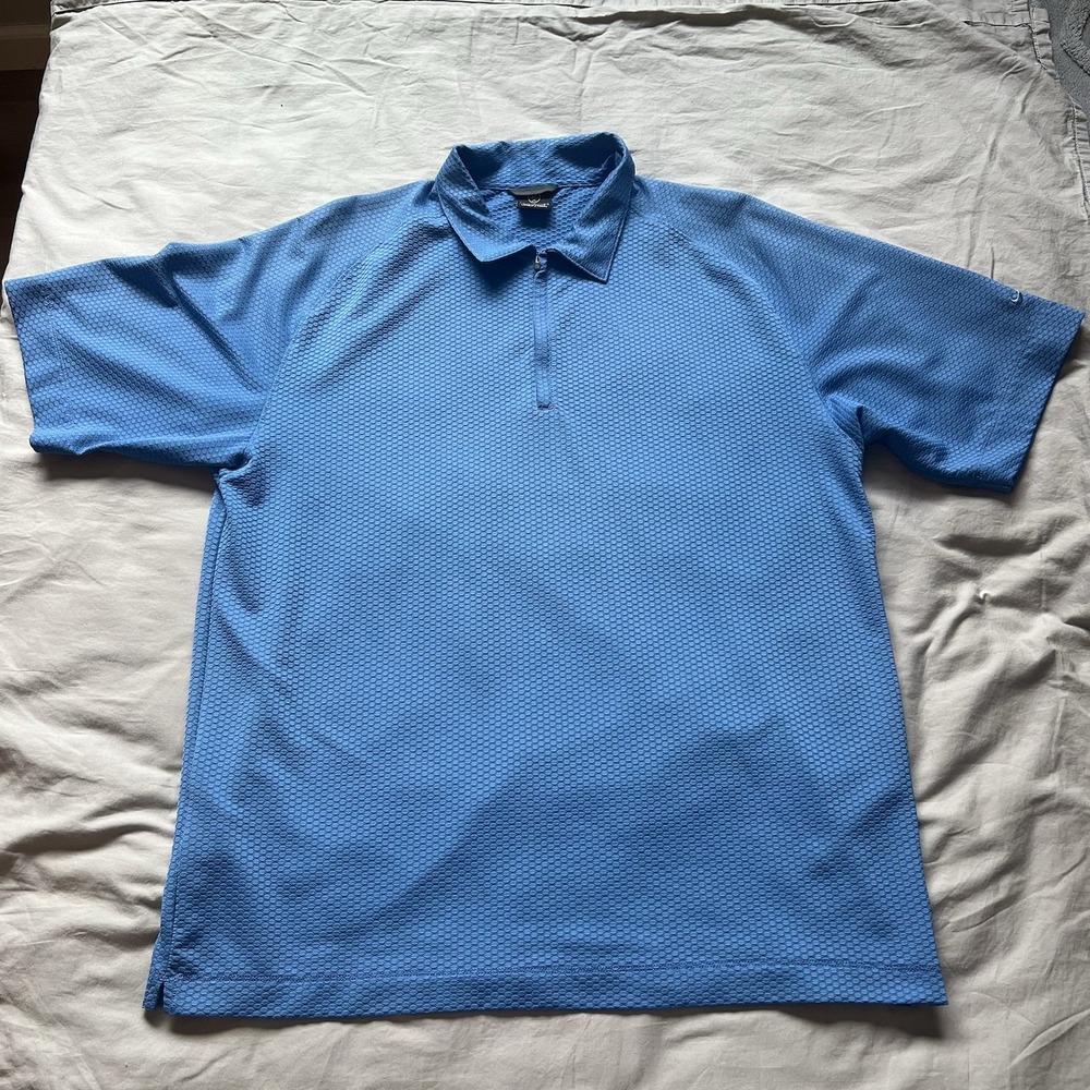NIKE Golf Polo Shirt Mens Large Blue Metal Textured Short Sleeve Quarter Zip